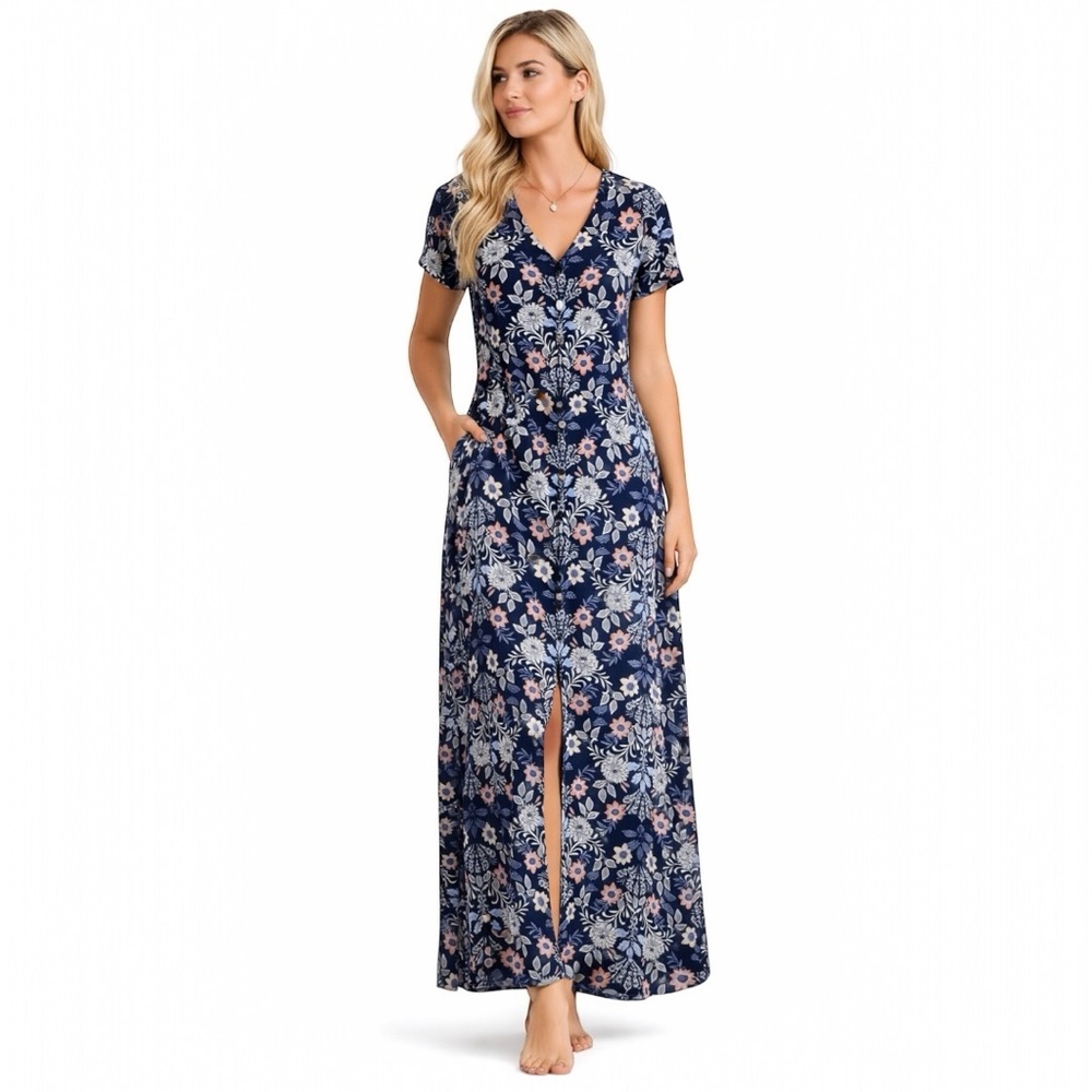J.Jill Floral Button Front Maxi Dress Navy Blue V Neck | Size XS | Rayon Stretch
